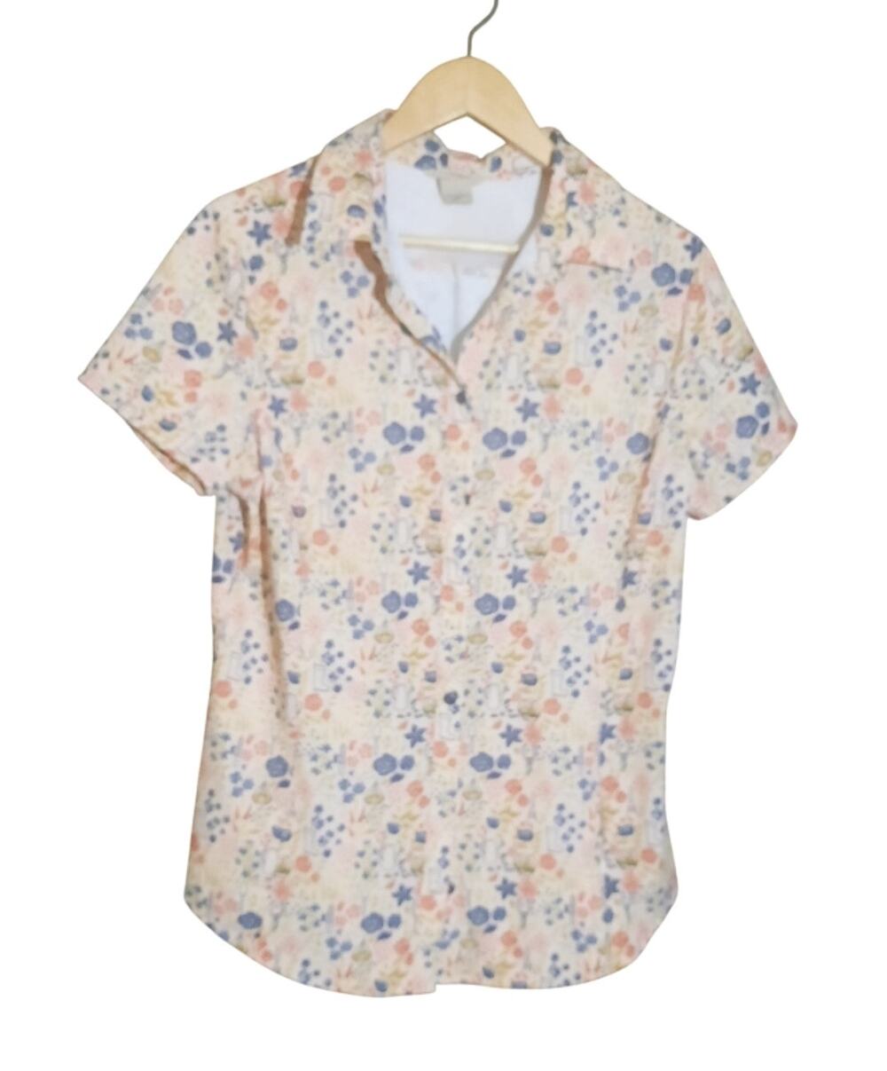 Duluth Trading Co Womens Short Sleeve Button Front Floral Tool Print Top Size M
